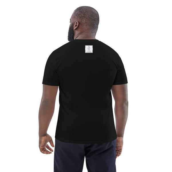 Back view of black organic cotton men's T-shirt featuring a close-up of the Anke Wonder logo.