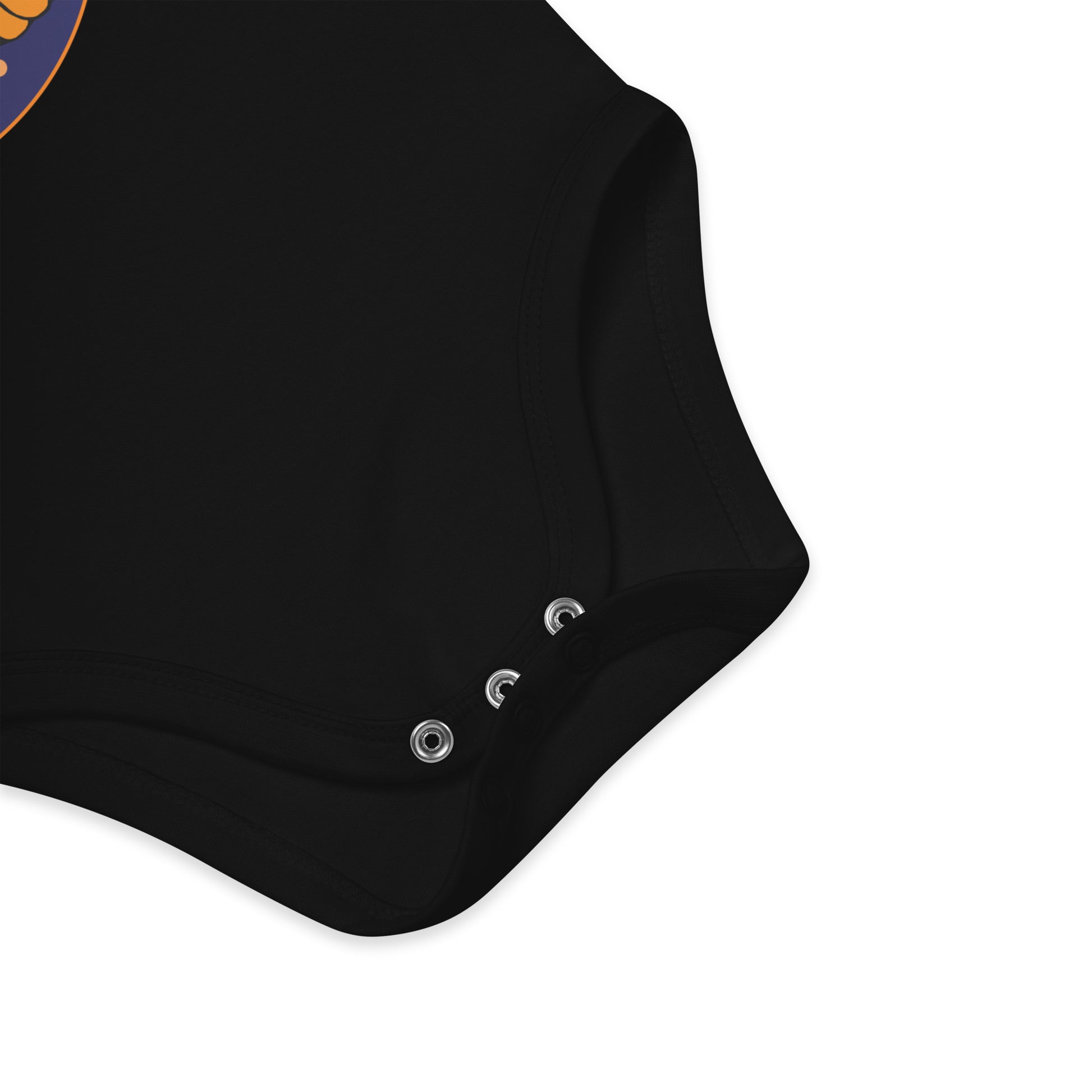 Close-up view of black organic baby bodysuit showing 3 self-colored nickel-free poppers for easy diaper changes.