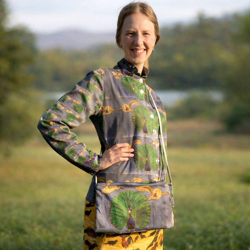 Woman wearing a patterned bird and peacock purse and colorful jacket standing in a field with a blurred natural background