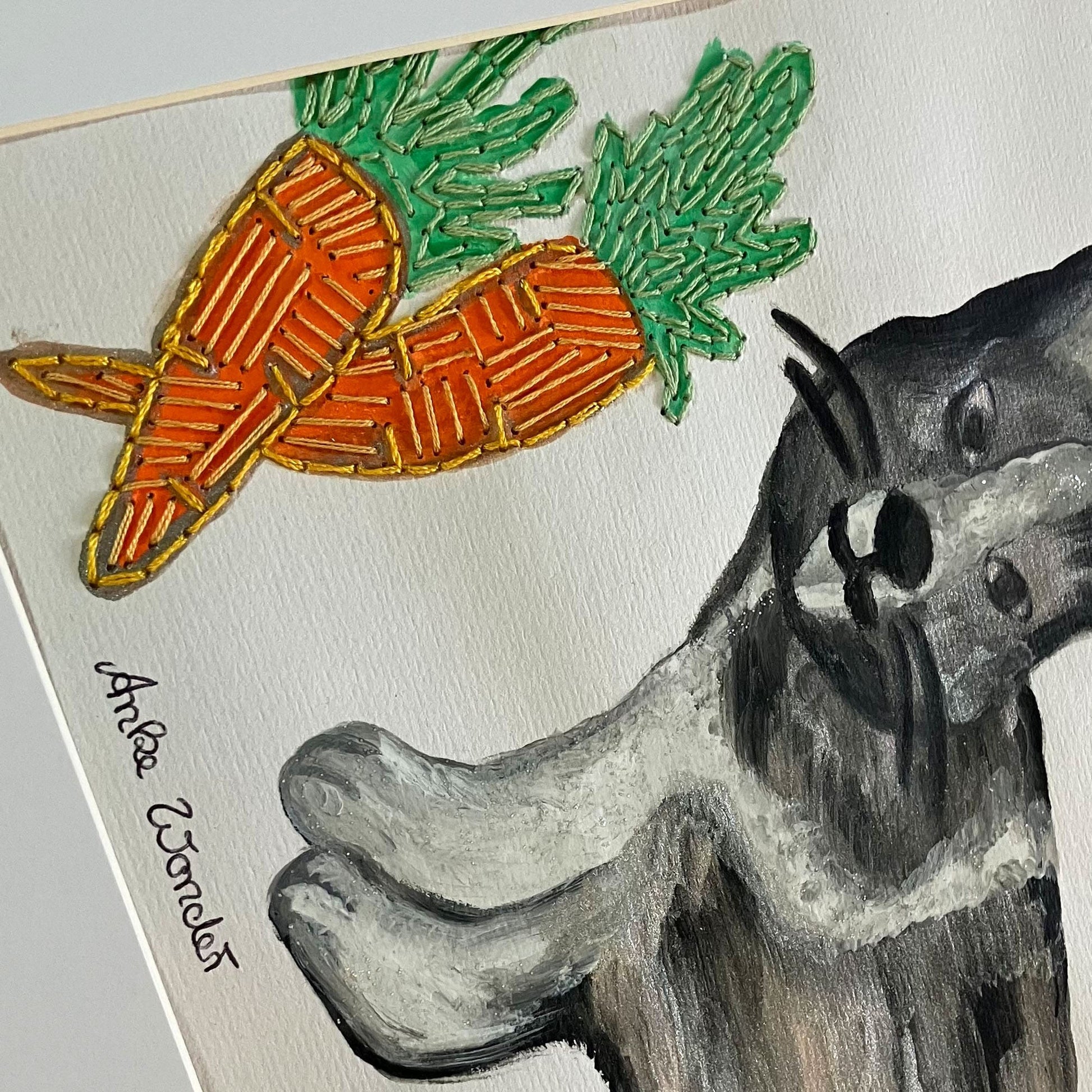 Hand-Embroidered Rabbit with Carrots Painting - Original - Anke Wonder LLC