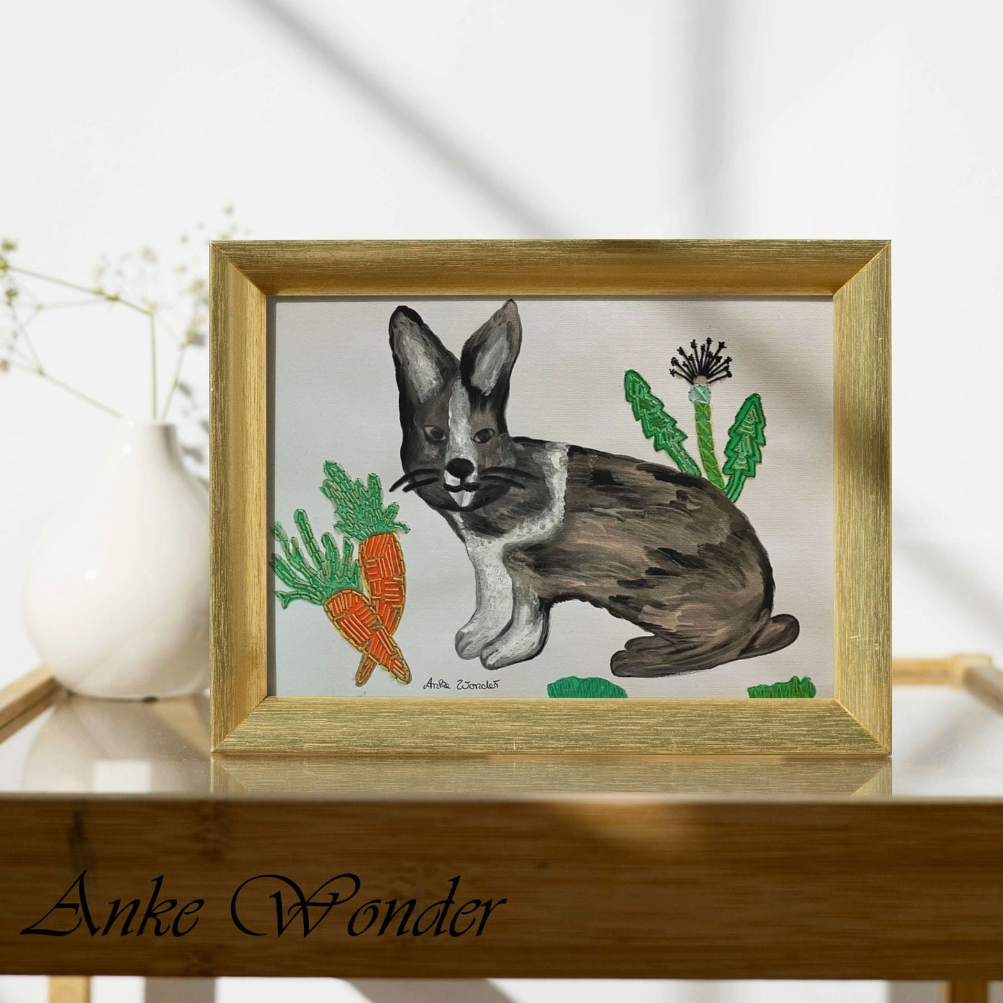 Hand-Embroidered Rabbit with Carrots Painting - Original - Anke Wonder LLC