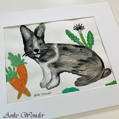 Hand-Embroidered Rabbit with Carrots Painting - Original - Anke Wonder LLC