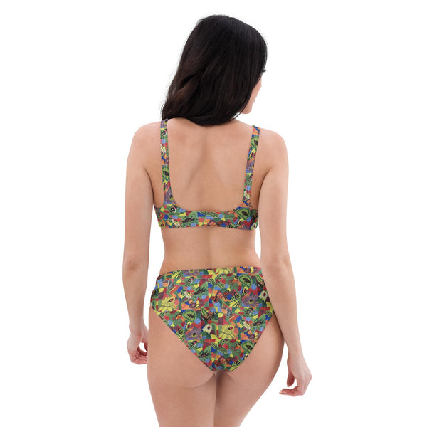 Back view of a recycled high-waisted bikini with vibrant butterfly and floral designs, highlighting the comfortable double-layered fabric.