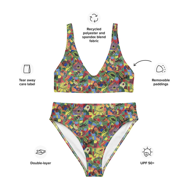 Recycled high-waisted bikini with vibrant butterfly and floral design displayed on a white background, highlighting features like UPF 50+ sun protection, double-layered fabric, and eco-friendly materials.