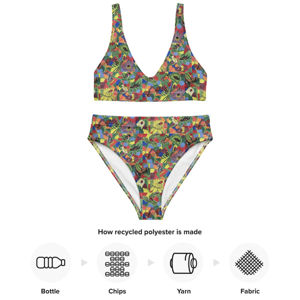 Recycled high-waisted bikini with colorful butterfly, flower, and insect designs displayed on a white background, showcasing eco-friendly materials and fabric details.