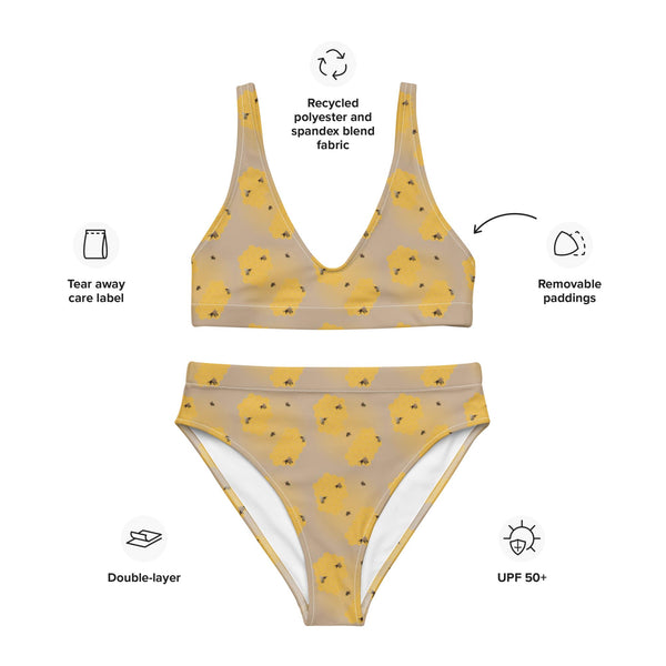 Flat Image of recycled high-waisted bikini featuring a honeycomb bee design with product descriptions.