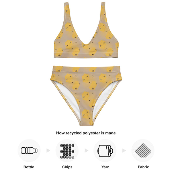 Flat Image of recycled high-waisted bikini featuring a honeycomb bee design withrecycled polyester description.