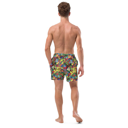 Back view of men’s swim trunks with a stylish flower design, made from sustainable fabric.