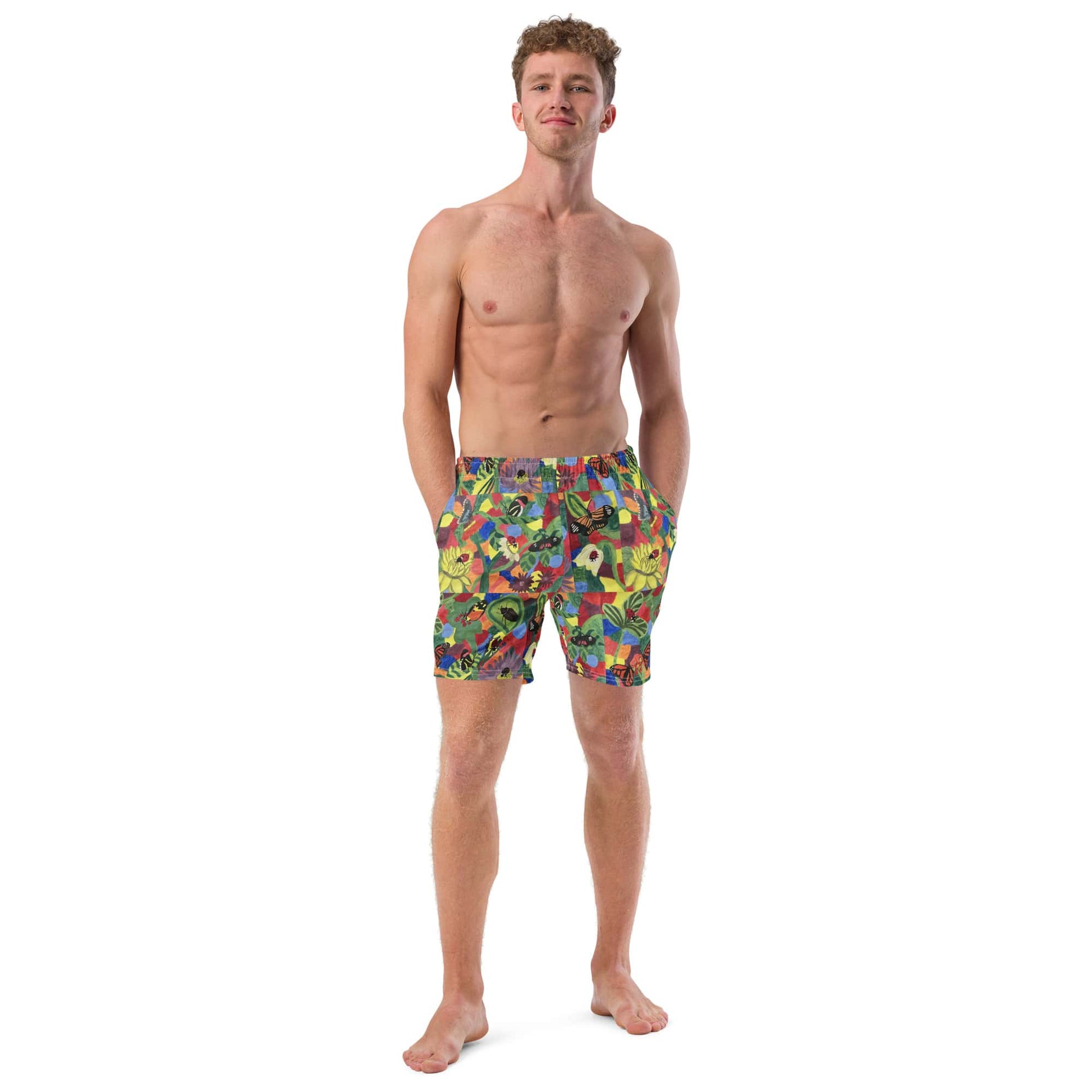 Men’s swim trunks with a colorful floral butterfly painting, made from recycled polyester.