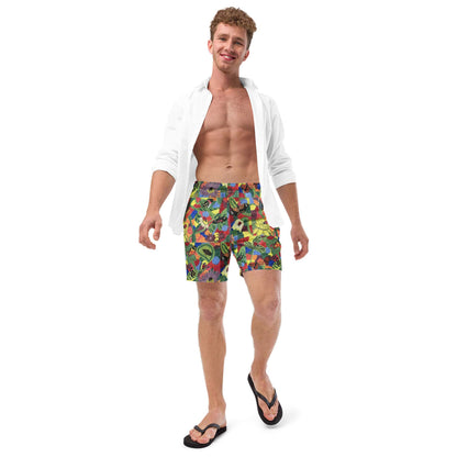 Model wearing men’s swim trunks with a floral butterfly design, paired with a white shirt.