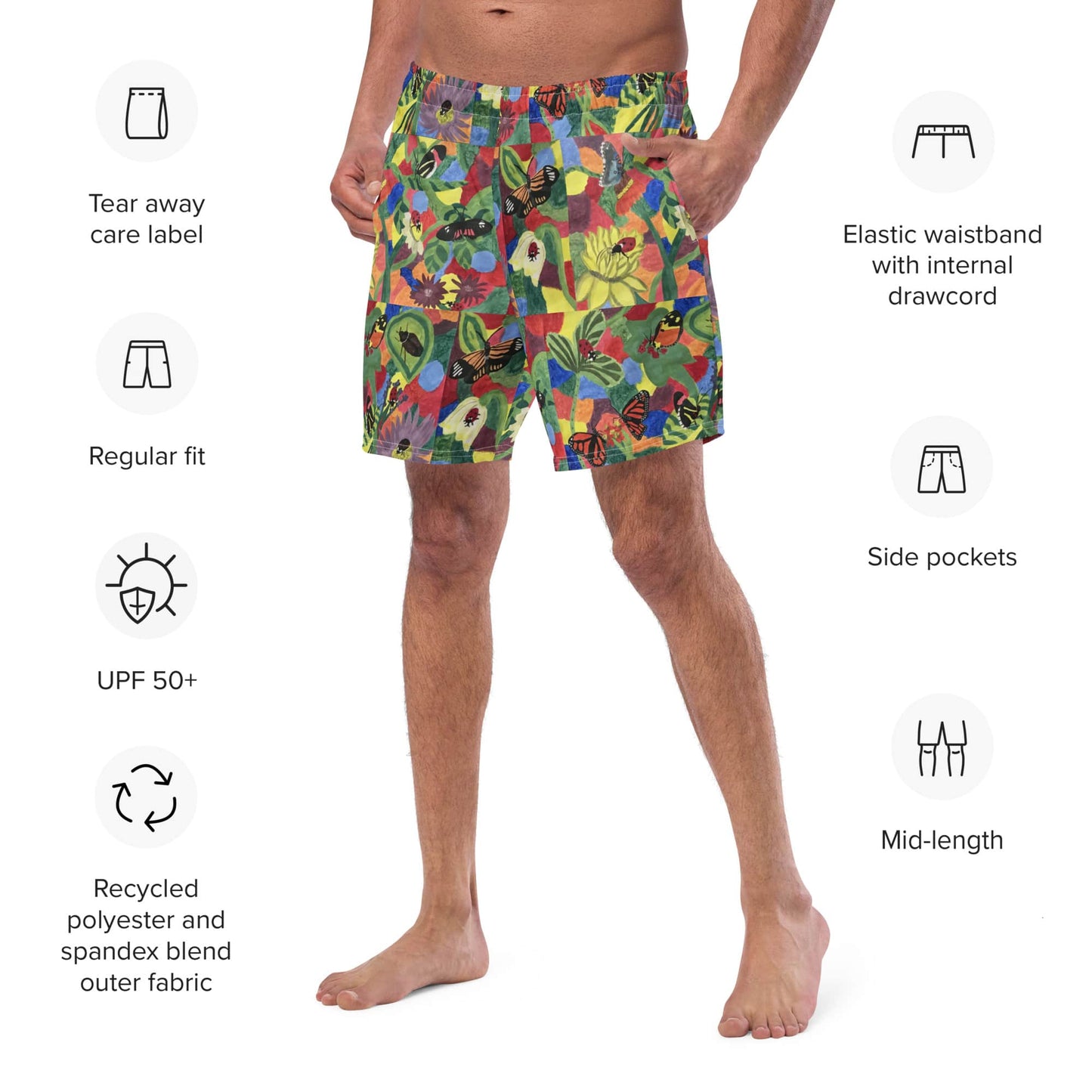 Close-up of men’s swim trunks with colorful butterfly print with product details of recycled polyester fabric.