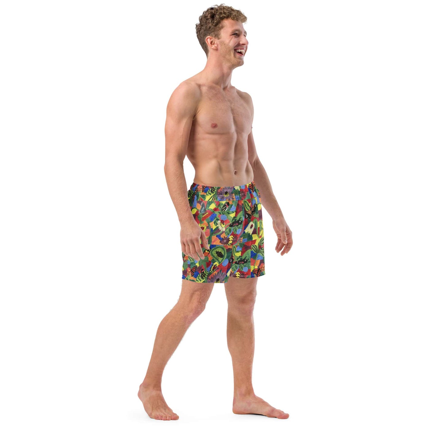 Right-side view of men’s swim trunks with eco-friendly fabric and nature inspired design.