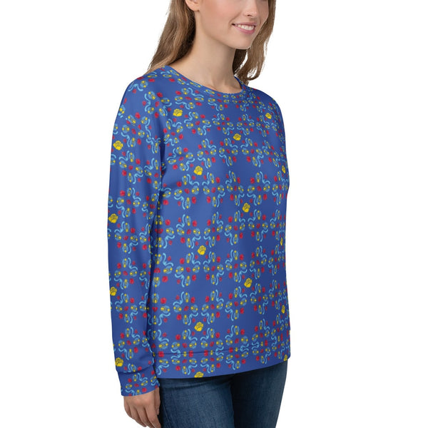 A model wearing the floral sweatshirt, slightly turned to the right, highlighting the pattern.