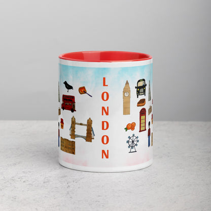 Ceramic mug with red interior featuring London icons and landmarks design, bold LONDON text in the center.