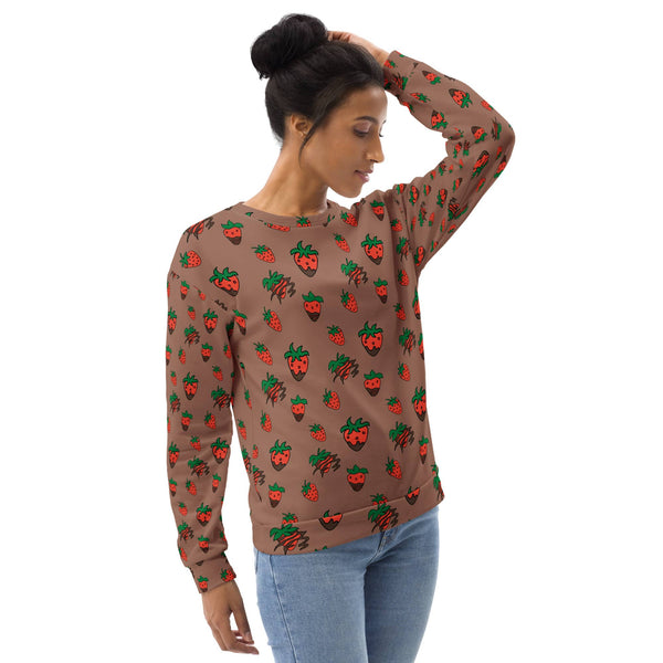 Woman wearing the right side of the Chocolate Strawberry Women's Recycled Polyester Sweatshirt, showcasing the stylish side silhouette with eco-friendly, fleece-lined fabric and vibrant strawberry print.