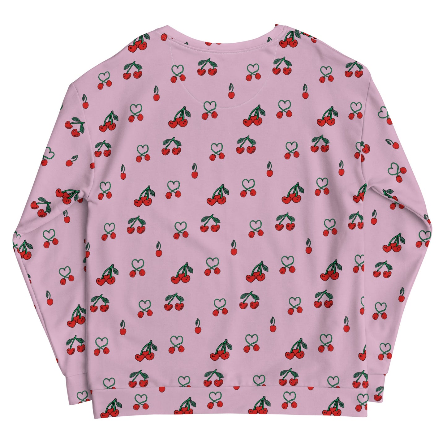 Back view mock-up of pink sweatshirt with red cherry pattern, made from recycled polyester, on a white background, showcasing sustainable and stylish design.