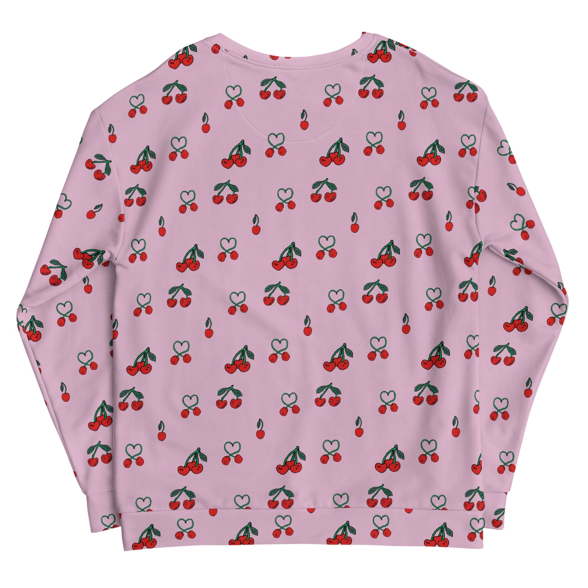 Back view mock-up of pink sweatshirt with red cherry pattern, made from recycled polyester, on a white background, showcasing sustainable and stylish design.
