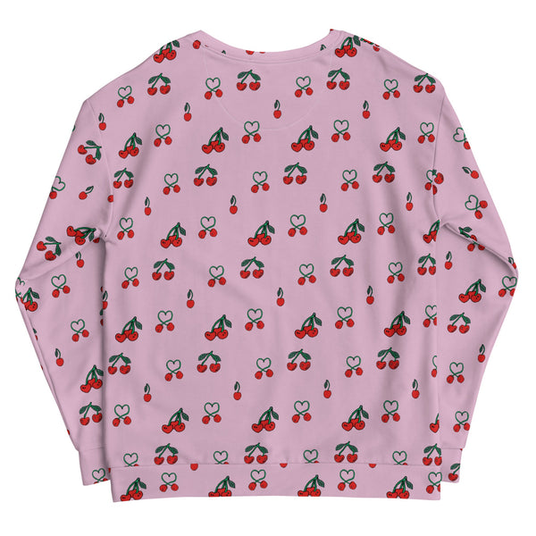 Back view mock-up of pink sweatshirt with red cherry pattern, made from recycled polyester, on a white background, showcasing sustainable and stylish design.