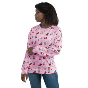 Black woman wearing Sweet Cherry Women's Recycled Polyester Sweatshirt, front view, sustainable fashion in vibrant pink with cherry pattern.