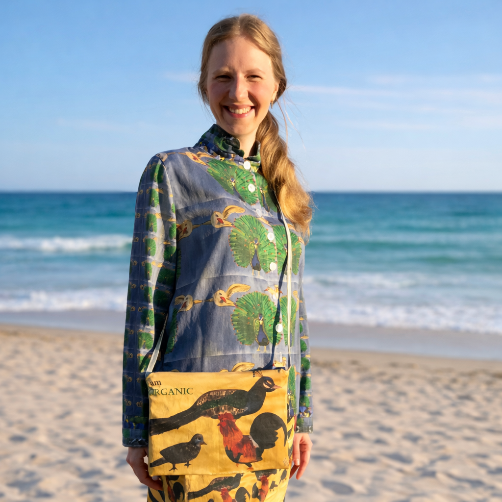 Woman wearing a colorful dress with a patterned Hawaiian art purse on a beach