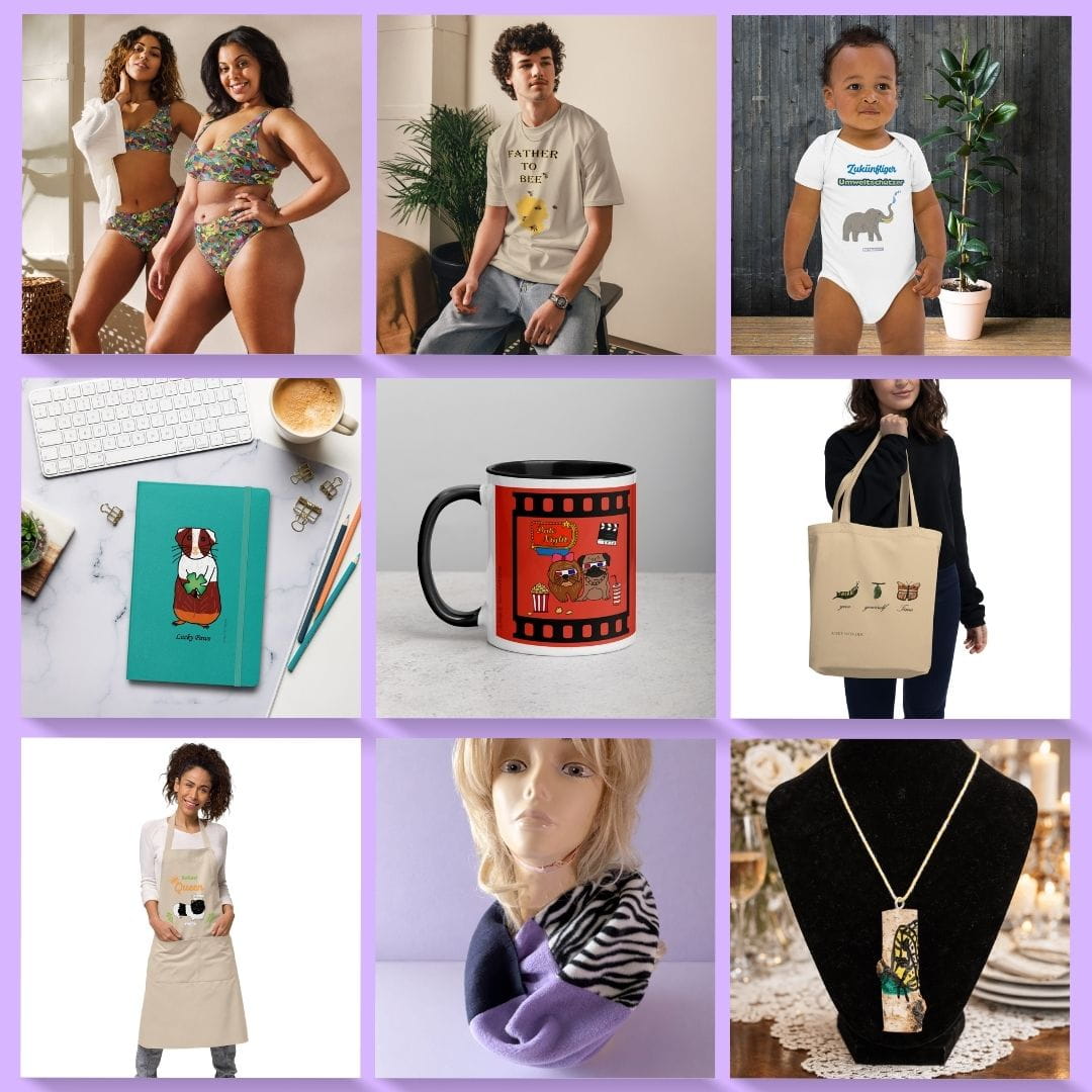 Collage of different designs in from of clothes, notebook, mugs and accessories by Anke Wonder.