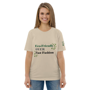 Women's eco-friendly organic cotton t-shirt in a desert dust color, featuring the text "Eco-Friendly Over Fast Fashion."