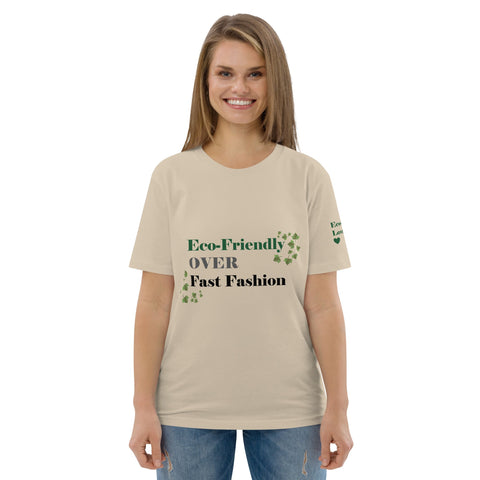 Women's eco-friendly organic cotton t-shirt in a desert dust color, featuring the text "Eco-Friendly Over Fast Fashion."