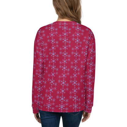 Back view of the Festive Snowflake Women's Sweatshirt, featuring the continuation of the snowflake design in light blue on the red fabric.