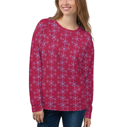 Full view of the Festive Snowflake Women's Sweatshirt from the front, highlighting the intricate snowflake pattern on a bright red background.
