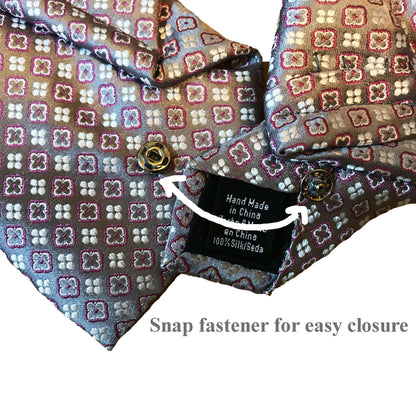 Close-Up of Snap Fastener on Handmade Pink Silk Necktie with Geometric Design.