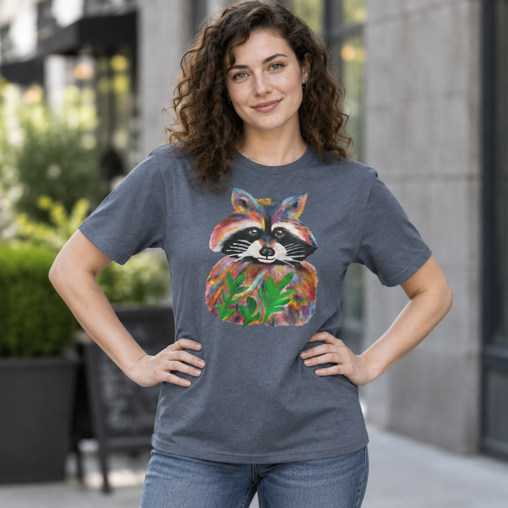 A woman wearing a heather dark gray t-shirt with a colorful painted raccoon graphic on the front, standing outdoors with hands on hips.