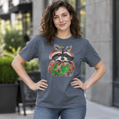 A woman wearing a heather dark gray t-shirt with a colorful painted raccoon graphic on the front, standing outdoors with hands on hips.