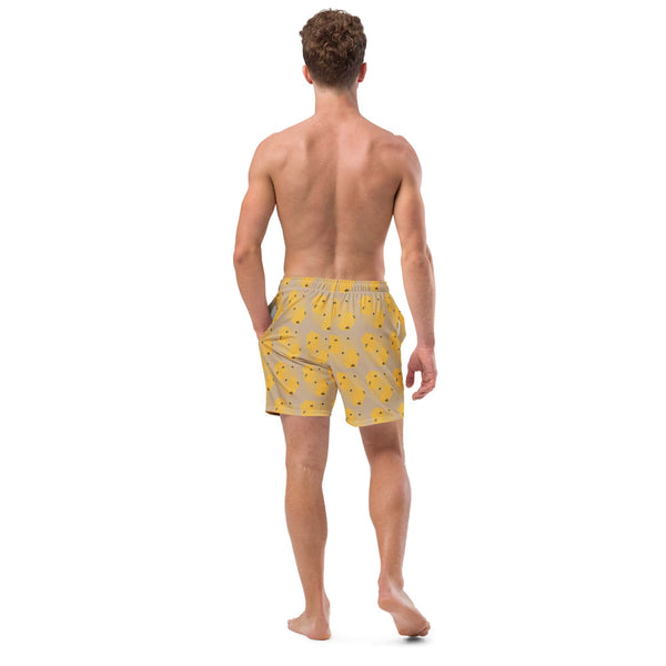 A back view of the men’s honeycomb bee swim trunks, showcasing the anti-chafe inner liner’s discreet fit and UPF 50+ coverage.