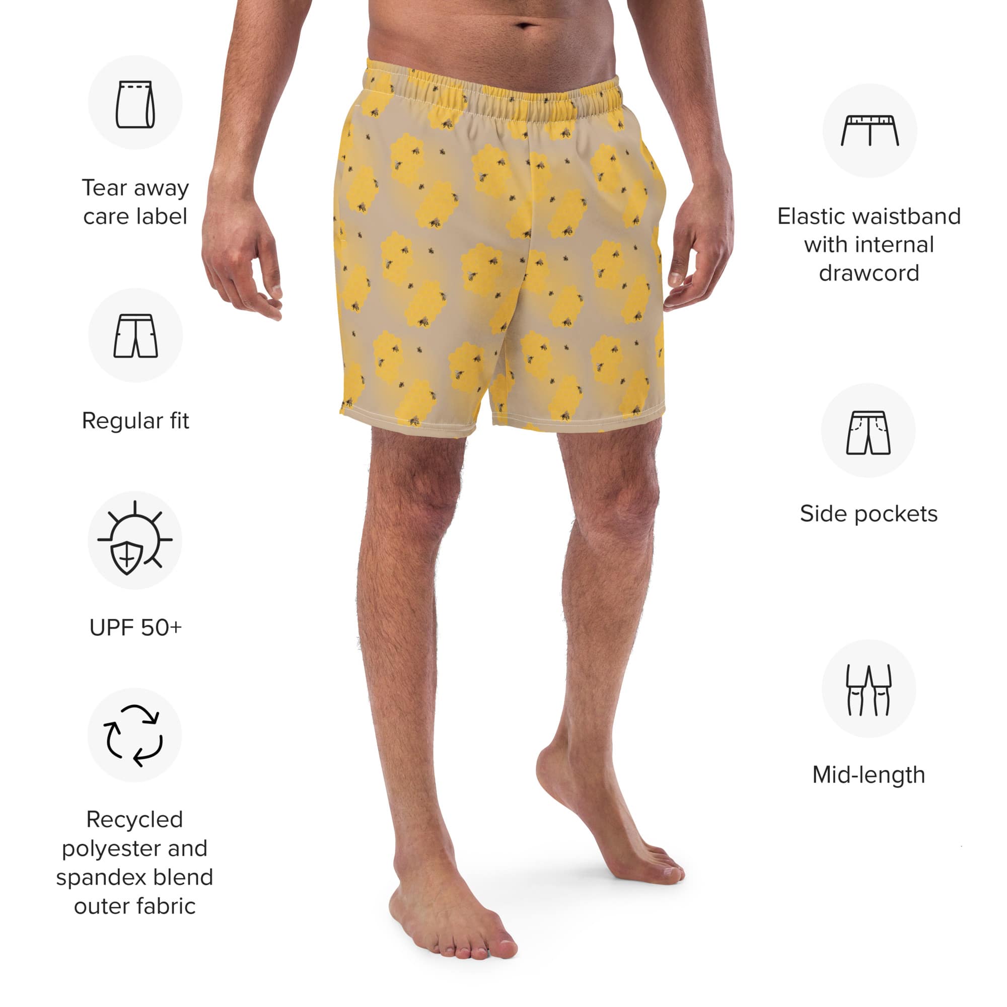 A detailed close-up of the honeycomb bee men’s swim trunks, showing the explanations of the eco-friendly fabric and features.