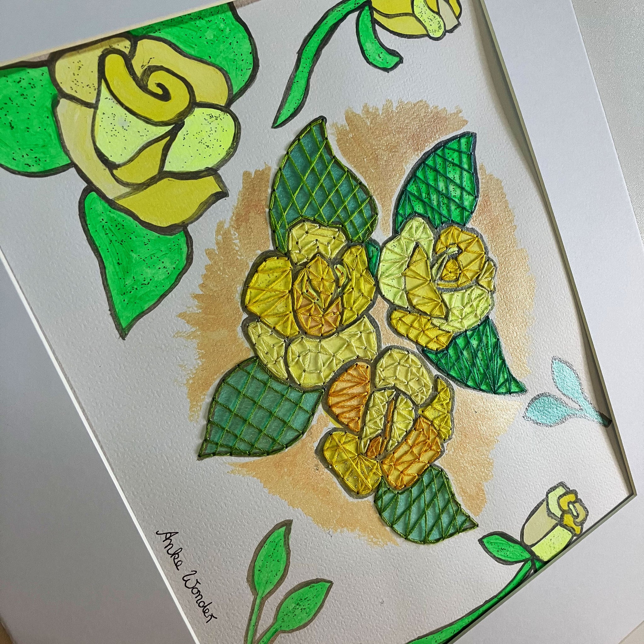 Hand-Embroidered Yellow Roses Painting - Original, image size:2048x2048