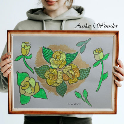 Hand-Embroidered Yellow Roses Painting - Original - Anke Wonder LLC