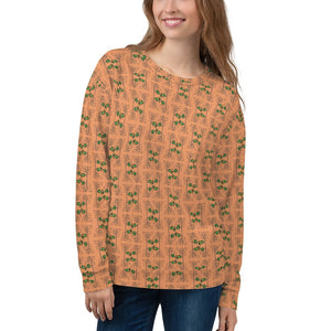 Front view of the Aorn and Oak Vine Women's Sweatshirt featuring a terracotta background with cascading green oak leaves and acorn motifs, crafted from sustainable materials with a soft cotton-feel exterior