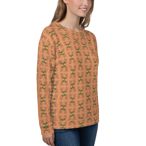 Front left view of the Acorn and Oak Vine Women's Sweatshirt showing the detailed oak leaf and acorn pattern on a terracotta orange backdrop, highlighting the seamless eco-friendly design.