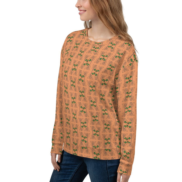 Front right view of the Acorn and Oak Vine Women's Sweatshirt displaying the flowing vine-inspired oak leaf and acorn print, designed for comfort and sustainability.