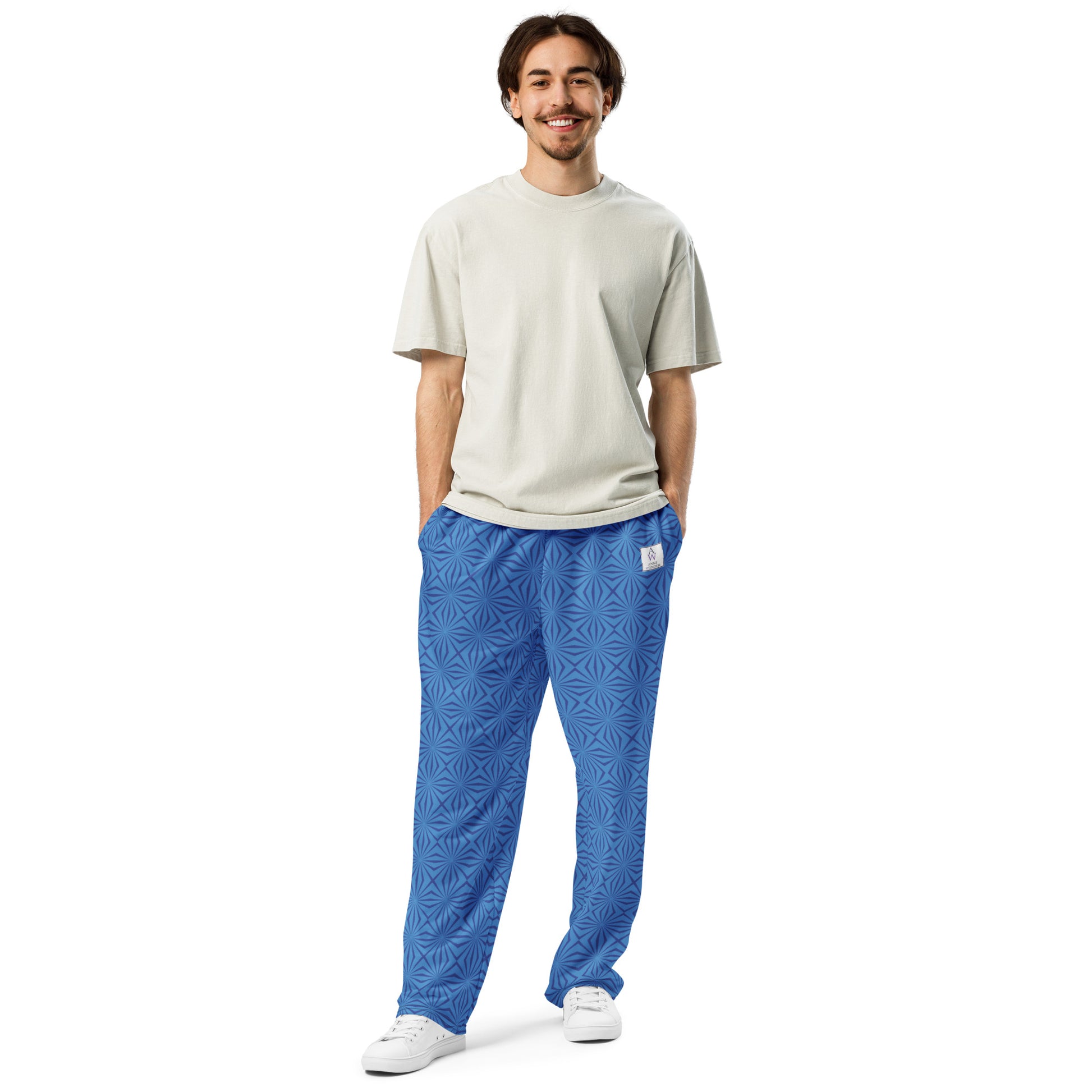 Men's Recycled Polyester Wide-Leg Joggers with Geometric Blue Pattern - Anke Wonder LLC