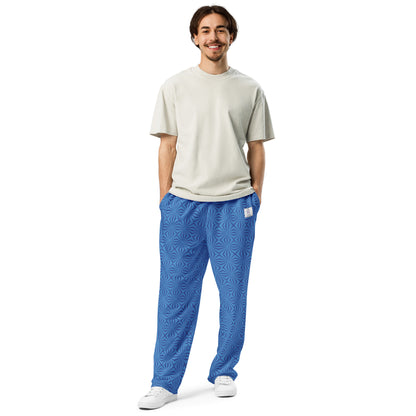 Men's Recycled Polyester Wide-Leg Joggers with Geometric Blue Pattern - Anke Wonder LLC