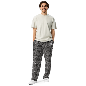 Men's Recycled Polyester Wide-Leg Joggers with Black and White Bird Pattern