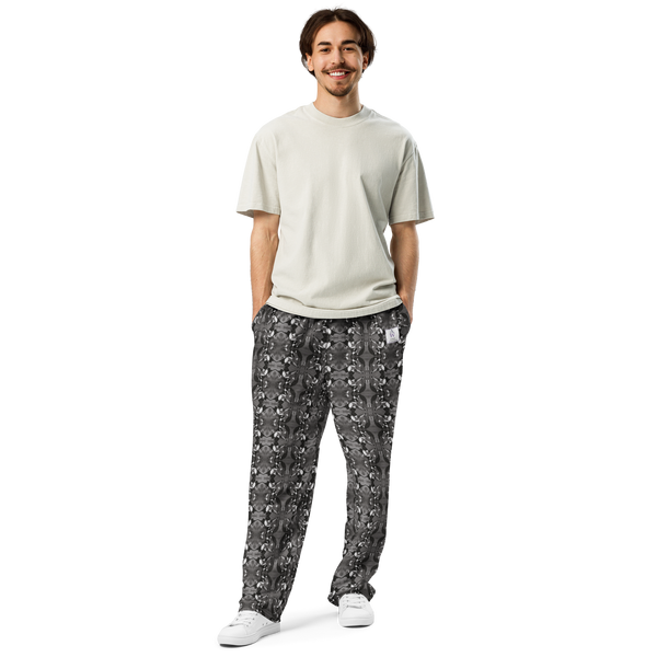 Men's Recycled Polyester Wide-Leg Joggers with Black and White Bird Pattern