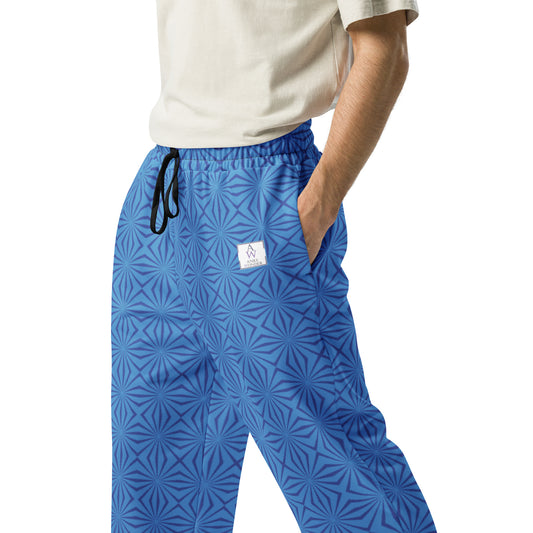 Men's Recycled Polyester Wide-Leg Joggers with Geometric Blue Pattern - Anke Wonder LLC