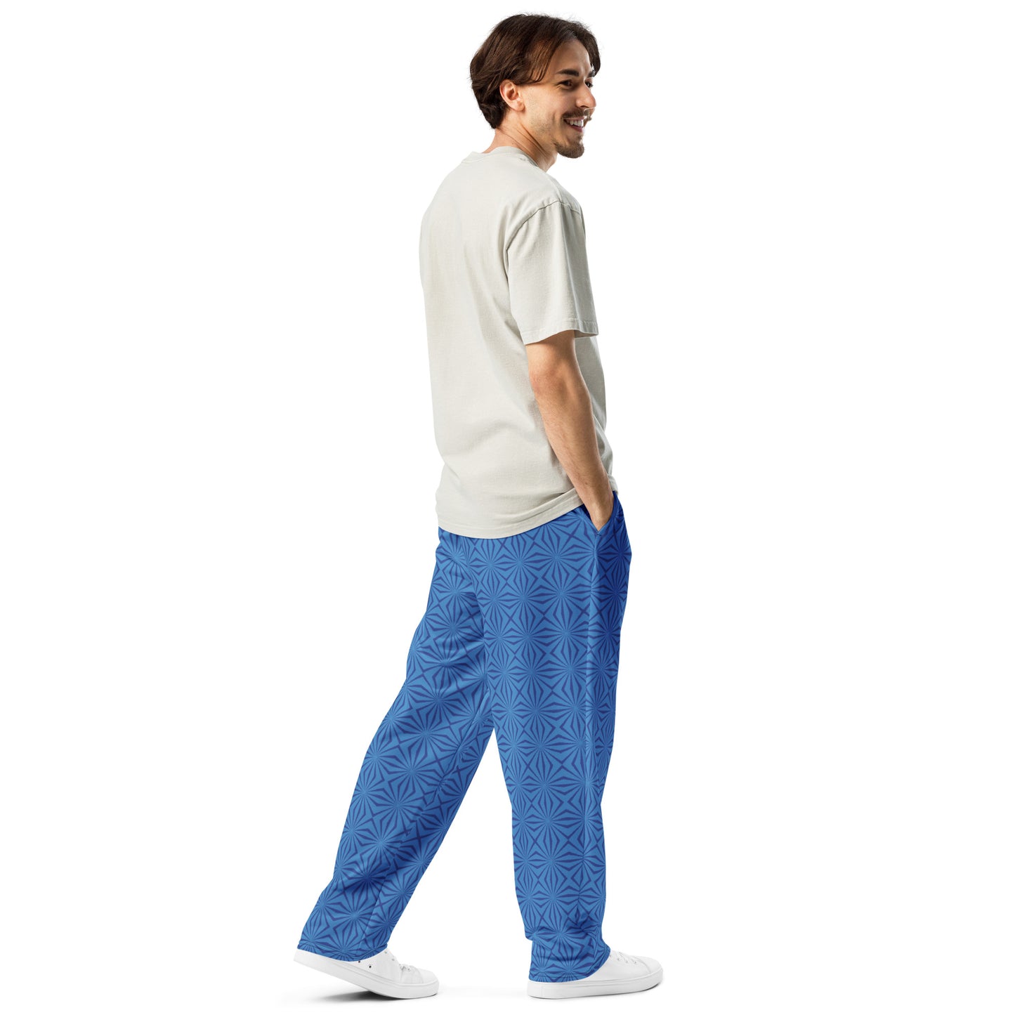 Men's Recycled Polyester Wide-Leg Joggers with Geometric Blue Pattern - Anke Wonder LLC