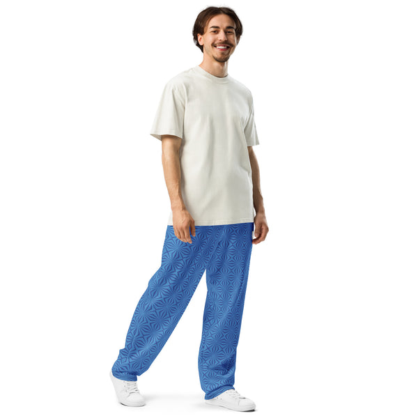 Men's Recycled Polyester Wide-Leg Joggers with Geometric Blue Pattern