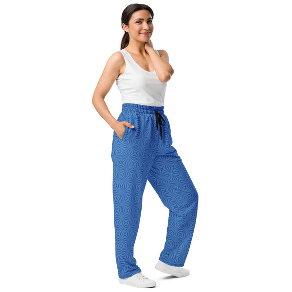 Women's Recycled Polyester Wide-Leg Joggers with Geometric Blue Pattern