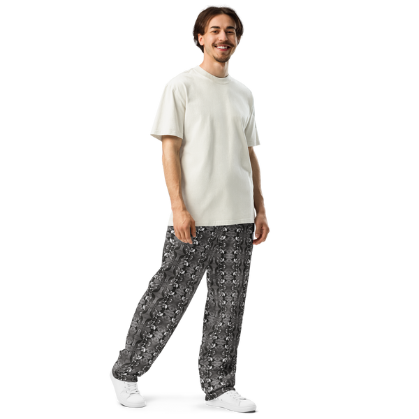 Men's Recycled Polyester Wide-Leg Joggers with Black and White Bird Pattern