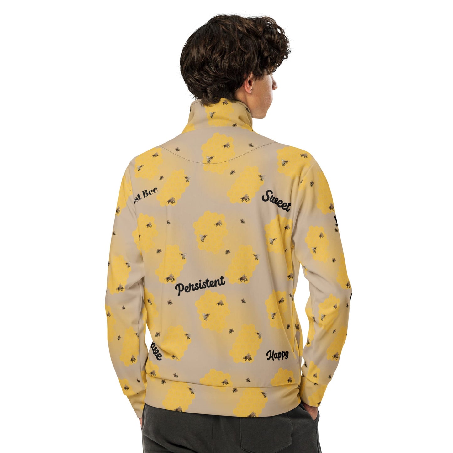 Back view of men’s bee-themed track jacket showcasing full print and relaxed fit.