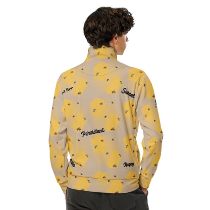 Back view of men’s bee-themed track jacket showcasing full print and relaxed fit.